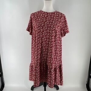 LOFT Red Floral Dress Women's Medium Short Sleeve Ruffle Flounce Hem Shift Boho